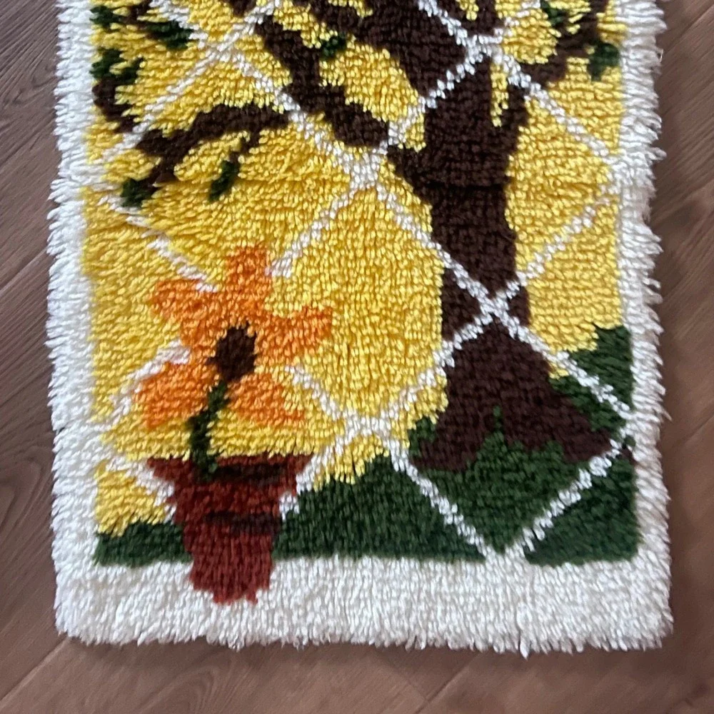 Vintage Latch Hook Wall Hanging Tree Orange Flower Yellow Wool Yarn 60s 70s
